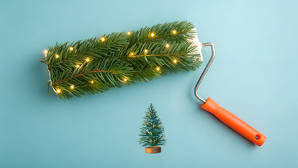 A paint roller wrapped in spruce with warm fairy lights promises a festive home makeover on a soft blue background this winter.