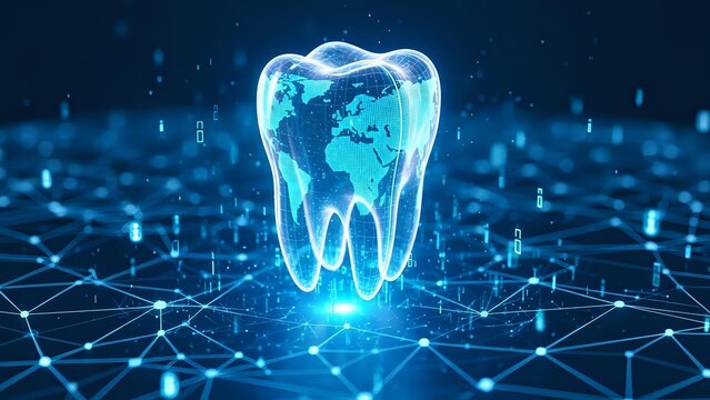 Digital tooth hologram with global network connections on futuristic blue technology background for modern dental healthcare and telemedicine concepts.