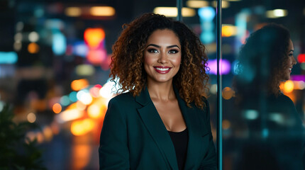 Confident young businesswoman with curly hair smiling in modern city night environment with colorful bokeh lights