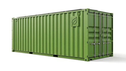 Sustainable Green Shipping Container with Solar Panels on Roof, Renewable Energy and Eco-Friendly Logistics Concept Isolated on White