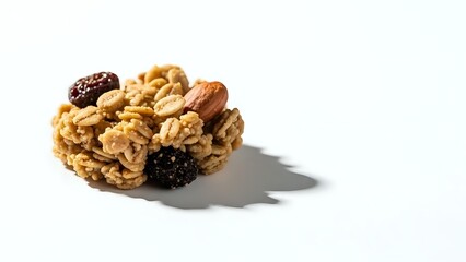 Obraz premium Homemade granola bar with oats, nuts and dried fruits on white background. Healthy snack food isolated for packaging design and nutrition concepts.