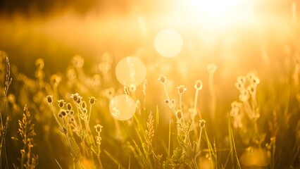 A field of flowers with the sun shining through it creating a warm and cozy atmosphere