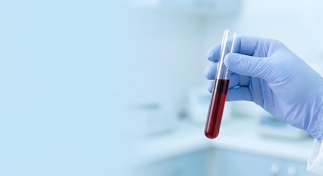Medical professional in blue latex gloves holding blood sample test tube in laboratory for clinical analysis and diagnostic testing procedures.