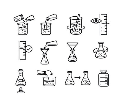 Solution Preparation Icons. Solution Preparation. Line icon set of Solution Preparation: adding solute, adding solvent, mixing symbol, meniscus reading,