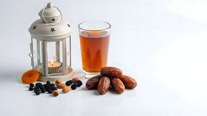 Ramadan kareem still life with dates fruits juice and lantern on white background