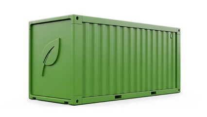 Eco-Friendly Green Shipping Container Mockup with Embossed Leaf Icon, Sustainable Logistics and Supply Chain Concept Isolated on White