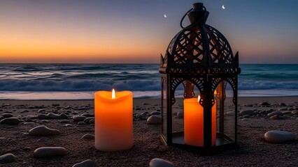 Romantic beach scene with candles and lantern at sunset or sunrise