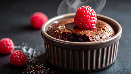Warm Chocolate Lava Cake in Ramekin with Fresh Raspberry and Molten Center