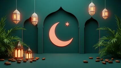 A serene ramadan lantern scene with a crescent moon and star on a green wall surrounded by hanging lanterns and plants