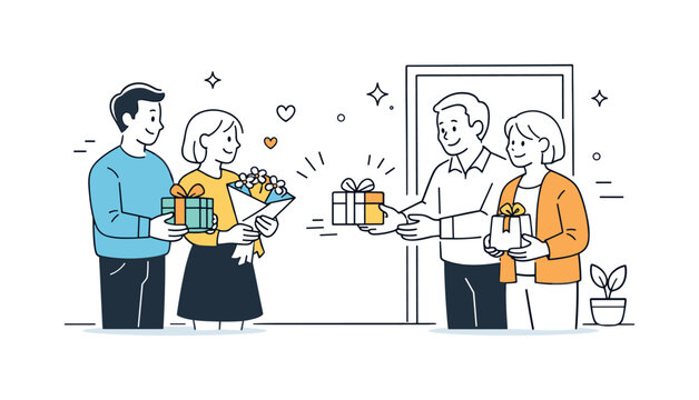 Thoughtful Family Visit. Visiting relatives with gifts. Guests handing over small presents, thoughtful gestures and warm family tradition. Minimalist flat