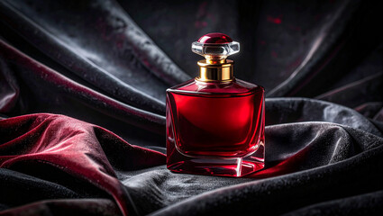 Elegant Red Perfume Bottle on Dark Velvet Fabric
