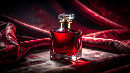 Luxury Fragrance Presentation, Ruby Glass Bottle on Luxurious Satin Drapes