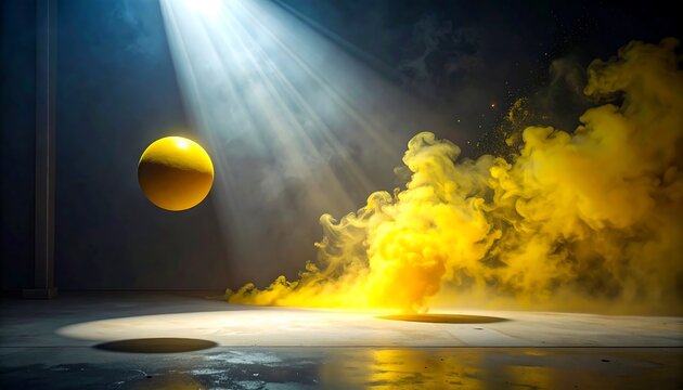 A yellow sphere hovers as illuminated smoke billows from the floor. A powerful beam of light descends, creating a moody, atmospheric scene