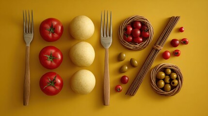 Low calorie diet concept with healthy food arranged as percentage sign on yellow background