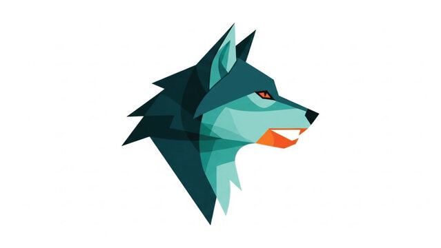 Modern geometric wolf head illustration in a low poly vector style. The stylized profile view design features sharp polygonal shapes in shades of blue, teal, and orange. Isolated on white.