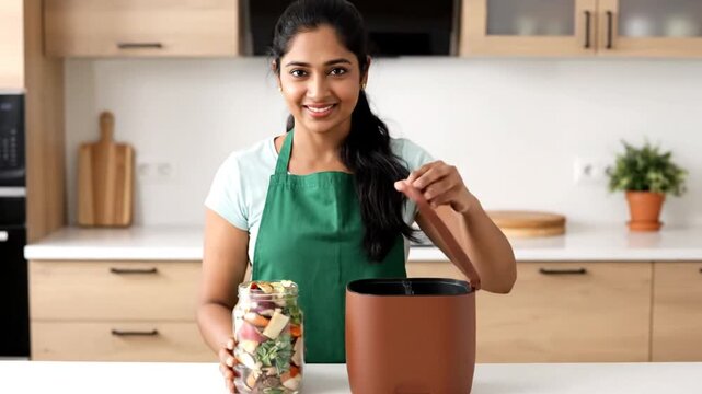 A woman in a green apron joyfully prepares to compost food scraps in a modern kitchen, showcasing sustainability and healthy living against a backdrop of organized kitchen tools