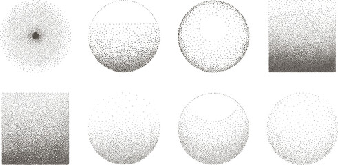 Abstract Stipple Dot Gradient Shapes Set with Circular and Square Halftone Patterns on Light Background