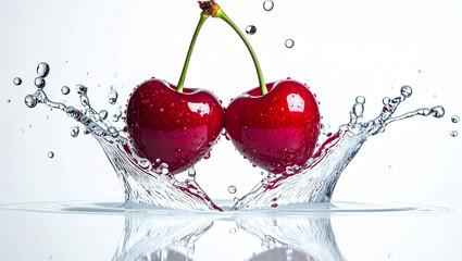 Two Ripe Red Cherries Splashing in Water with Droplets on White Background