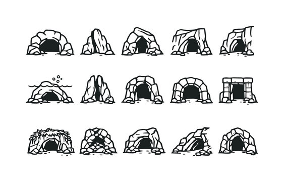 Cave Entrances Icons. Cave entrances. Line icon set of cave entrances: wide cave mouth, narrow opening, rock arch, cliffside cave, underwater entrance,