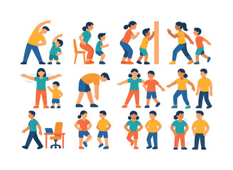 Fototapeta premium Family Exercise Icons. Family movement breaks. Colorful flat vector icons set of Family movement breaks: quick stretch, chair squats, wall push-ups, knee
