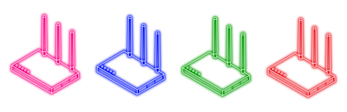 Colorful neon outline wi-fi router icon set with three antennas and signal lights, symbolizing modern wireless internet connectivity and network communication, isolated on transparent background.