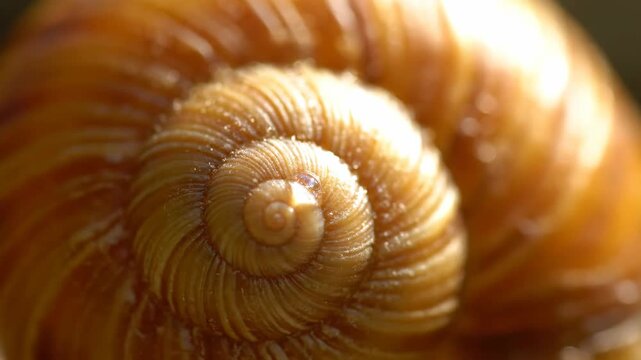 A detailed close-up image of a snail shell showcases intricate spiral patterns with golden hues