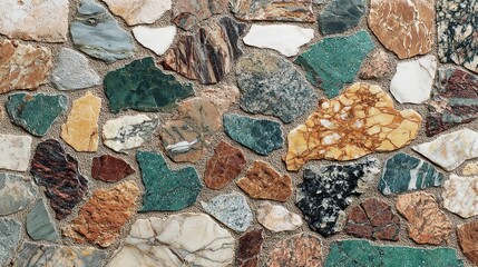 Colorful textured stone wall with various polished rock fragments forming an abstract geometric mosaic pattern