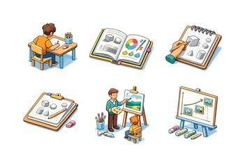 Isometric Art Learning. Art learning. Isometric flat vector icons set of Art learning: person studying drawing techniques, open art book, sketching hand with