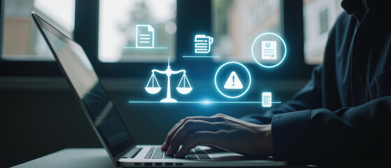 Digital workspace with legal icons, laptop, and person typing. scene conveys sense of professionalism and technology in law