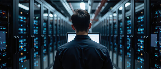Person monitors data on computer in server room filled with rows of servers, showcasing high tech environment