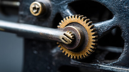 turned. Close-up of a vintage brass lock interior with a small gear being turned. real-estate listings, architecture portfolios, designed for interior renovation comparisons for interiors.