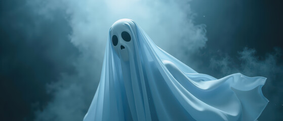 Ghost figure draped in flowing white sheet, with hollow eyes, emerges from misty background, creating eerie atmosphere