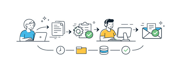 Streamlined Workflow Automation. Automated document routing. Abstract files moving smoothly through workflow steps. Speed and reliability, clean arrows and
