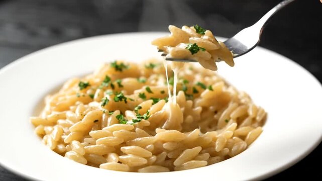 A close-up view of a creamy orzo pasta dish garnished with fresh herbs, served on a white plate, with a hand holding a fork ready to take a bite, set against a dark wooden table background