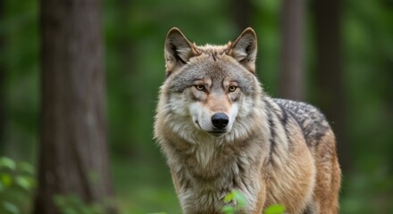 Obraz premium A wolf stands alert in a forest, its fur a mix of gray and brown, looking directly ahead