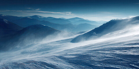 Windy mountain slope with snow blowing during blue hour