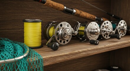 A wooden shelf with fishing gear and accessories