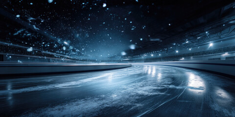 Curved frozen skating track with intense atmospheric lighting and snowfall