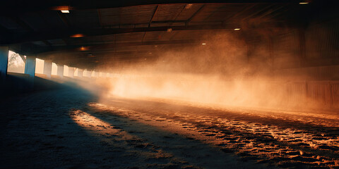 Golden sunbeams stream through windows of an empty equestrian arena