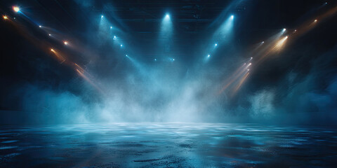 Dramatic rink interior with sharp spotlights cutting through smoke