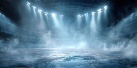 Indoor ice rink illuminated by spotlights cutting through atmospheric smoke
