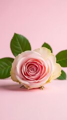 Beautiful pink rose with green leaves on pink background