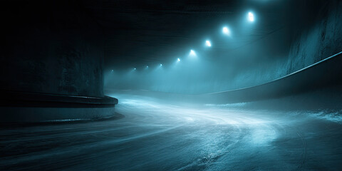 Dark tunnel with glowing blue lights on a frosty, icy track
