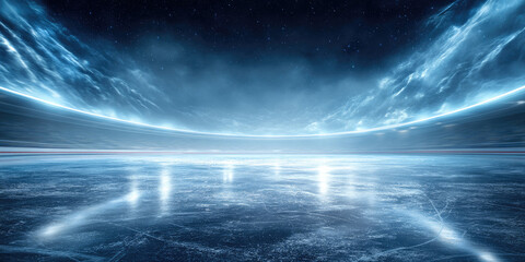 Bright icy speed skating oval under a starry sky with light effects