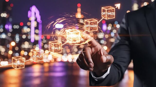 A businessman interacts with virtual boxes in a futuristic cityscape at night