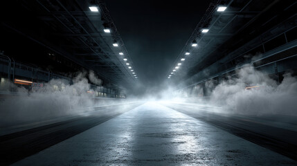 Dark racing tunnel with dense smoke and bright overhead lights