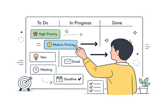Task Management Illustration. Productivity planning. A person arranging task cards and priorities on a board. Clear structure and motivation, simple arrows and