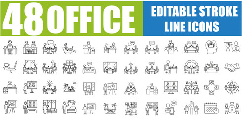 Set of 48 Workspace Thin Line Icons - Corporate Workplace, Coworking Space, Business Workflow and Management Outline Vector Bundle - Pixel Perfect Linear Pictogram Pack with Editable Stroke, SEO Optim © Muhammadkhan