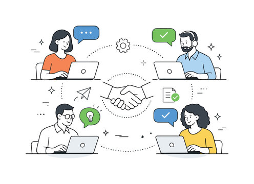Collaborative Digital Workspace. Remote collaboration between professionals. Team members connected through laptops and dialog bubbles. Trustful communication,