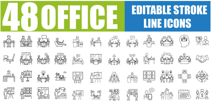 Set of 48 Workspace Thin Line Icons - Corporate Workplace, Coworking Space, Business Workflow and Management Outline Vector Bundle - Pixel Perfect Linear Pictogram Pack with Editable Stroke, SEO Optim
